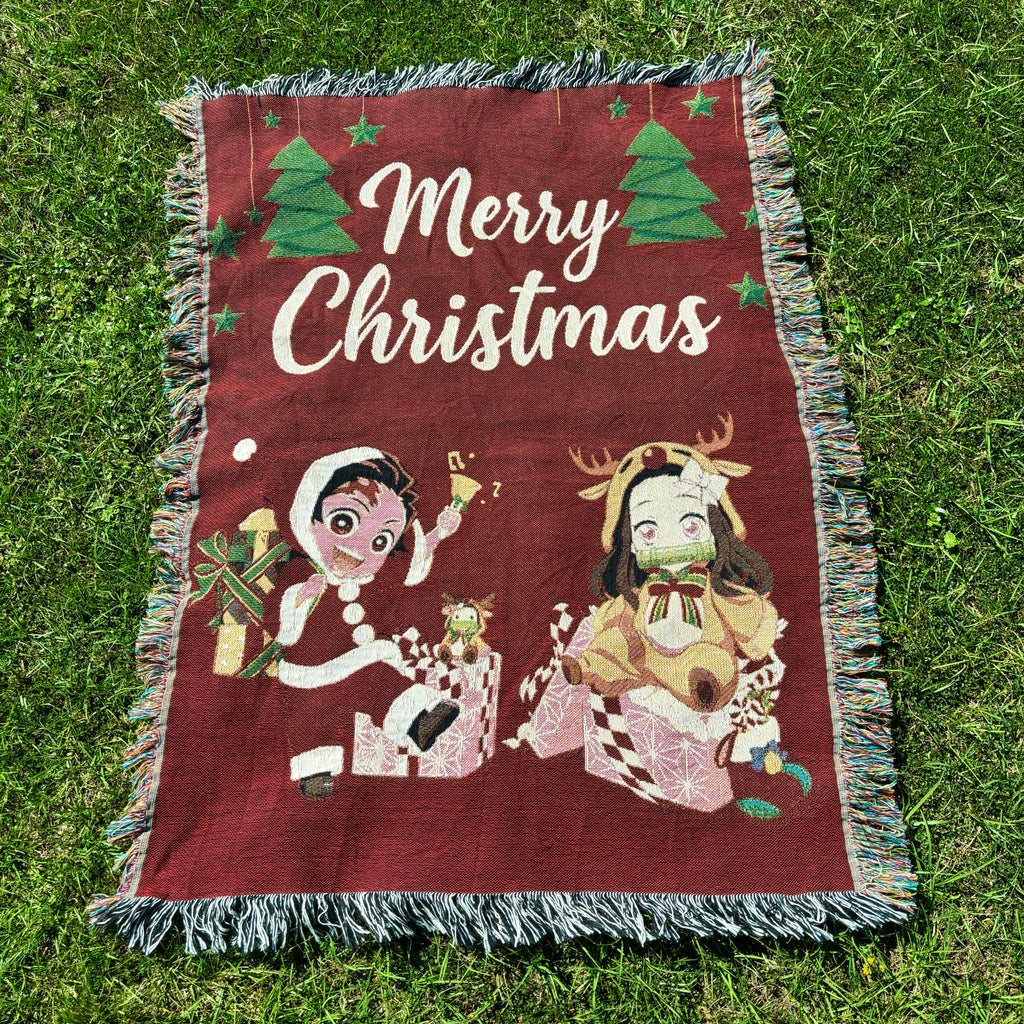 Holiday Anime Woven Blanket – Cozy Cotton Throw with Fringe