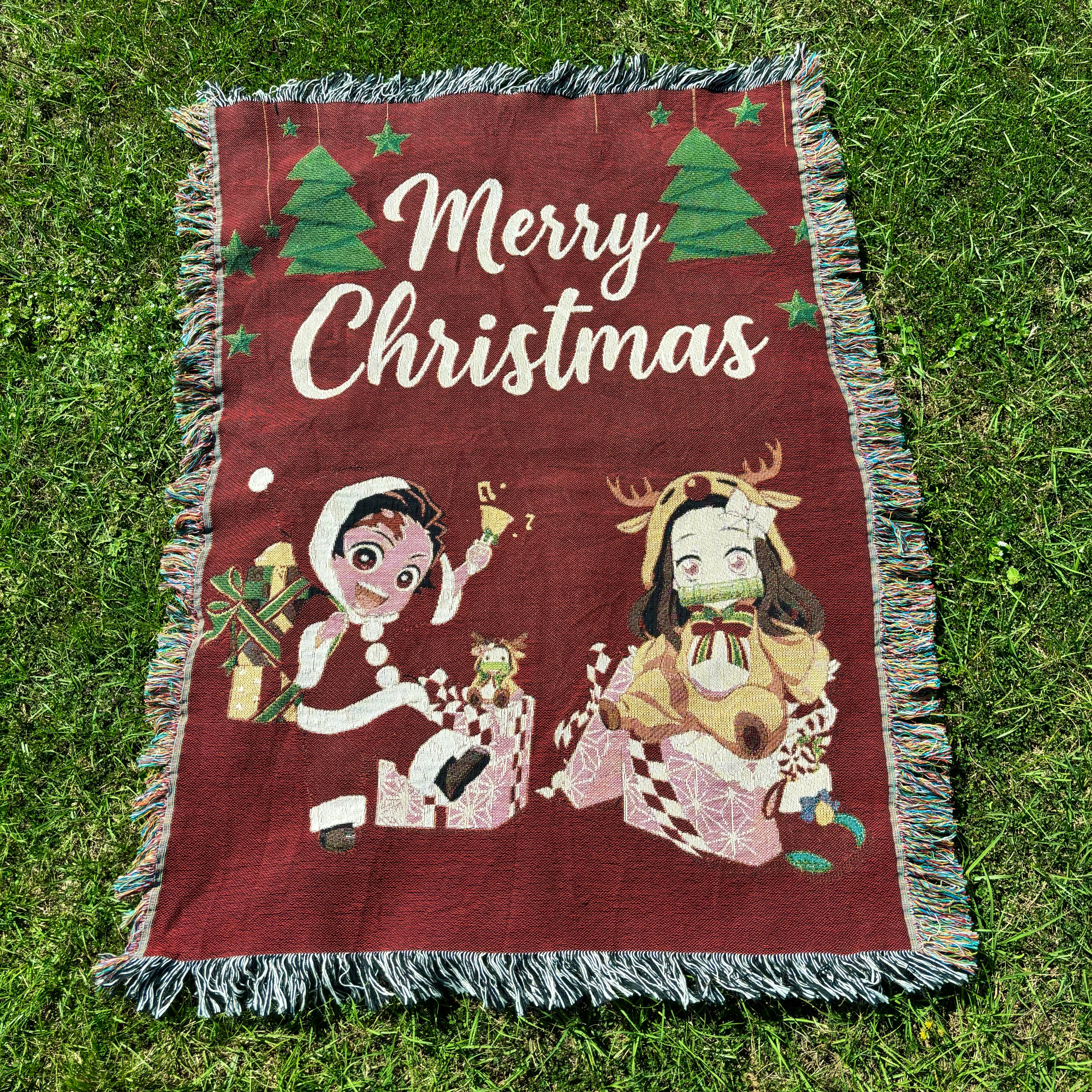 Holiday Anime Woven Blanket – Cozy Cotton Throw with Fringe