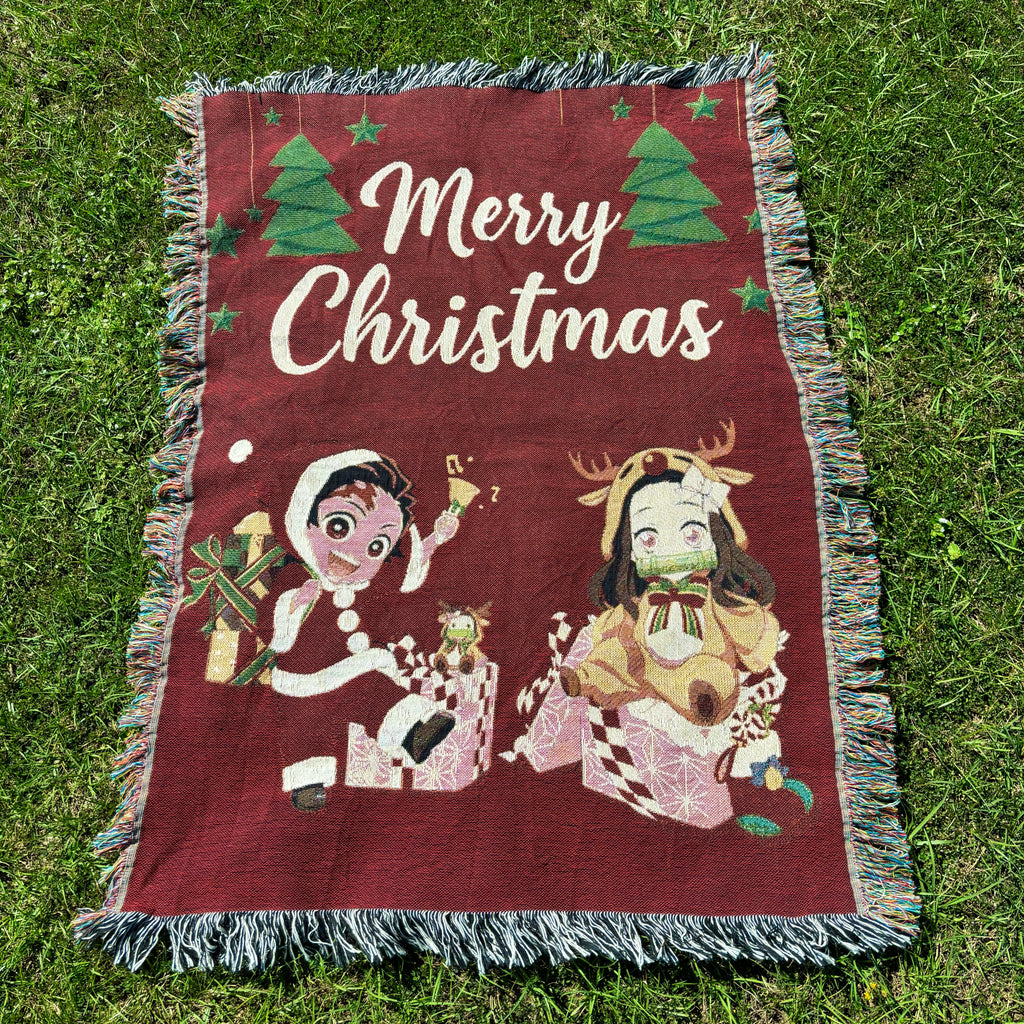Holiday Anime Woven Blanket – Cozy Cotton Throw with Fringe