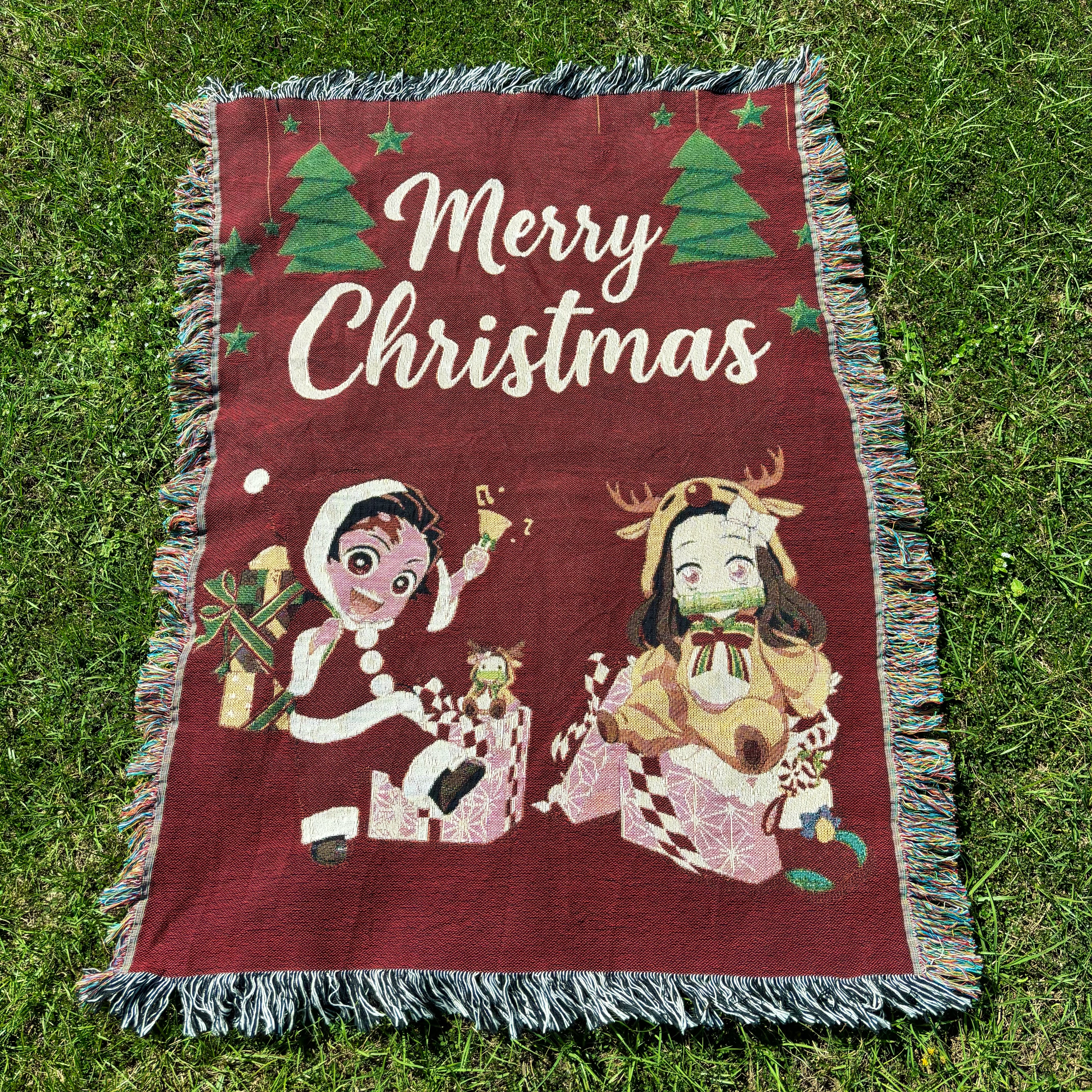 Holiday Anime Woven Blanket – Cozy Cotton Throw with Fringe