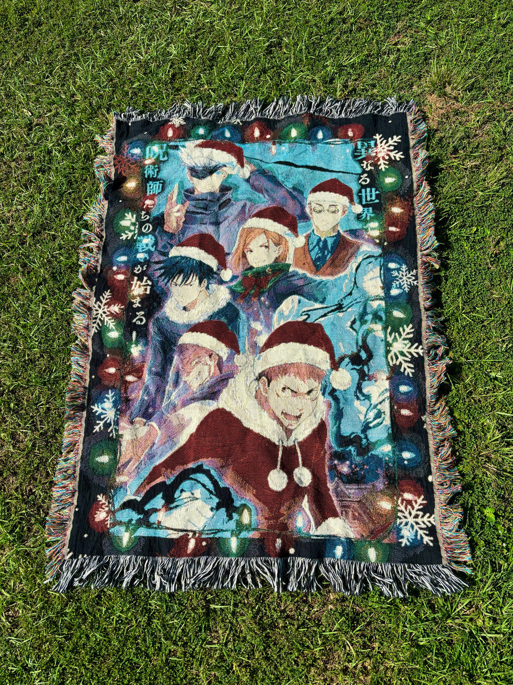Holiday Anime Woven Blanket – Cozy Cotton Throw with Fringe