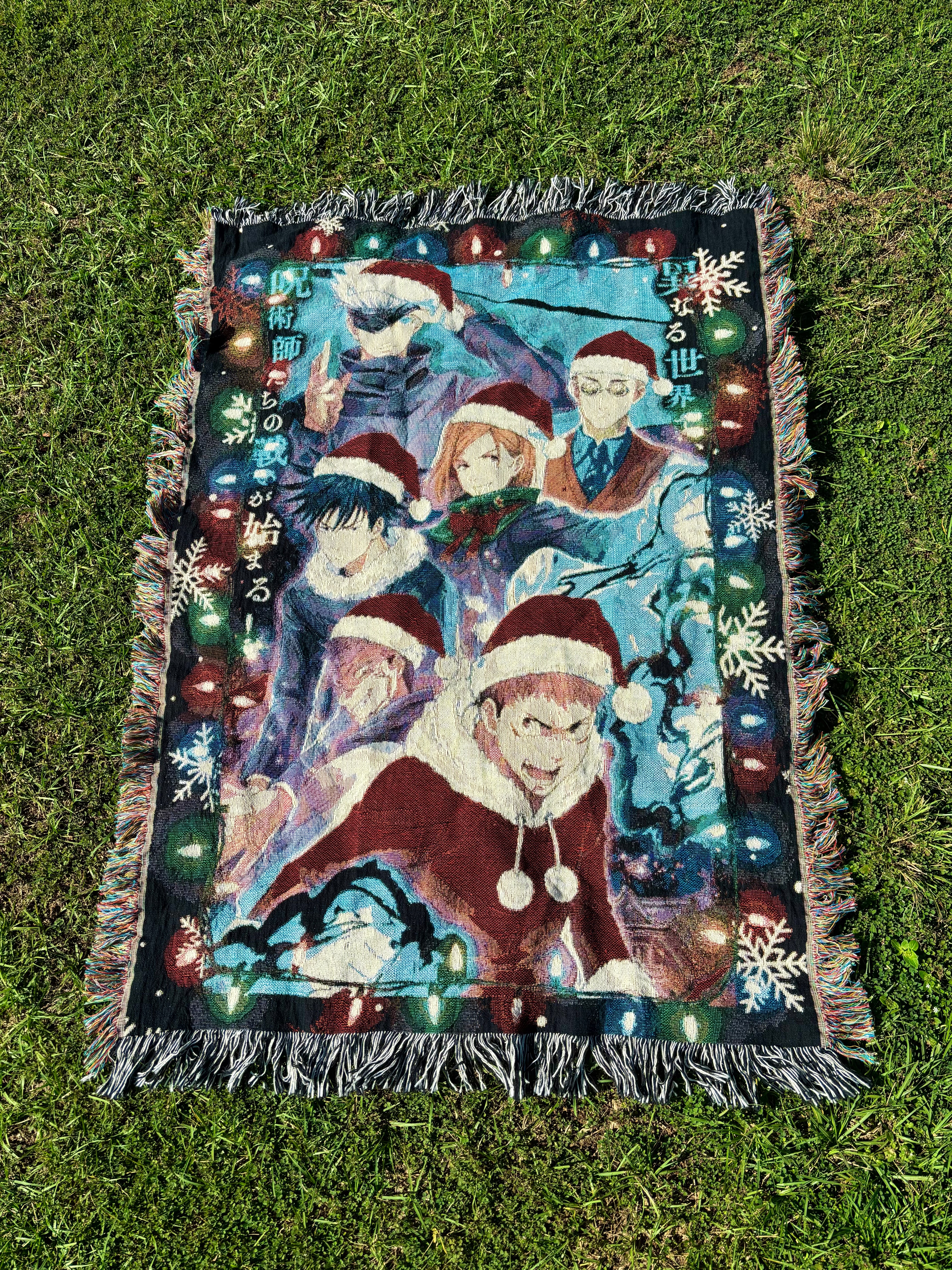 Holiday Anime Woven Blanket – Cozy Cotton Throw with Fringe