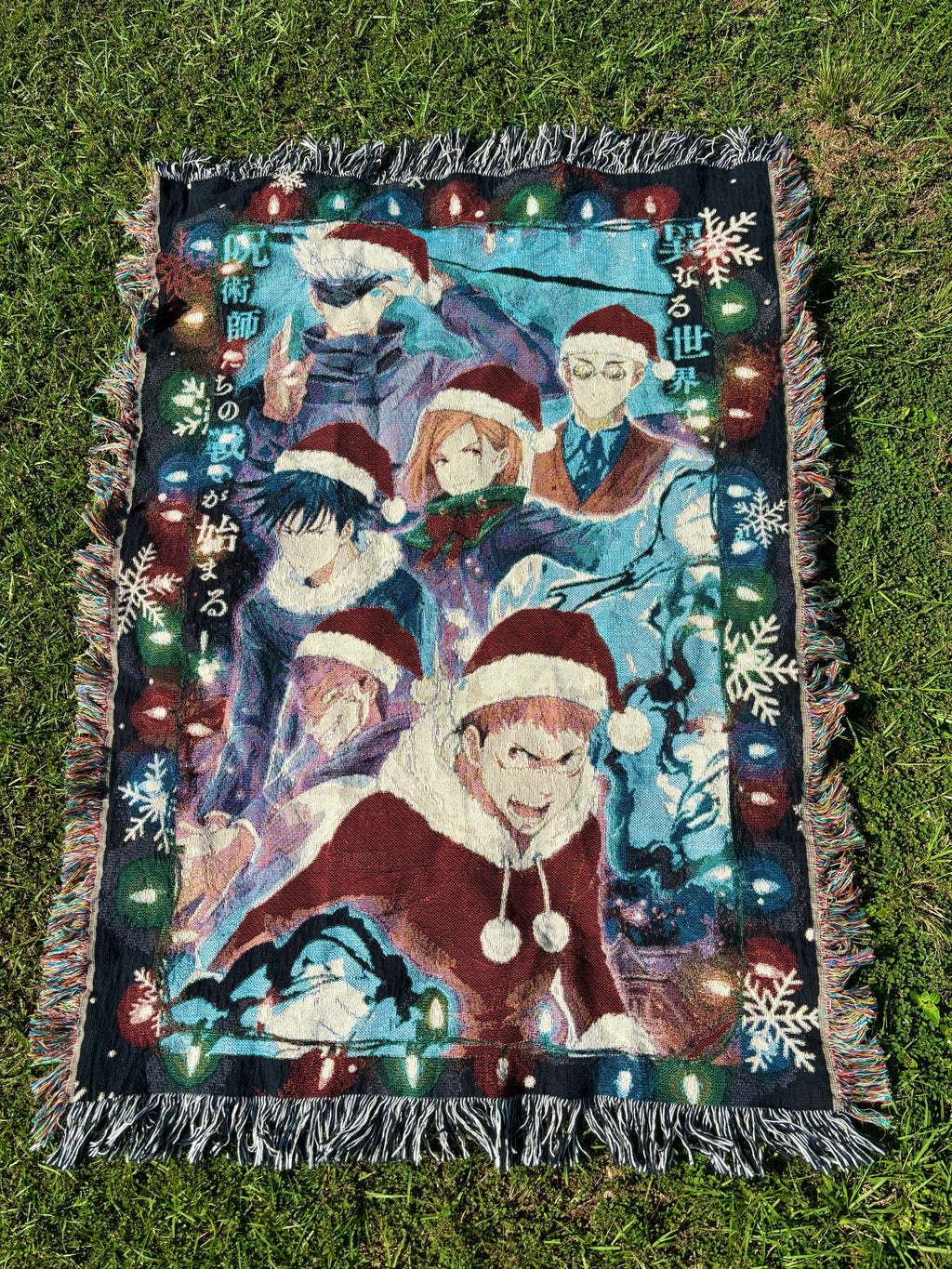 Holiday Anime Woven Blanket – Cozy Cotton Throw with Fringe