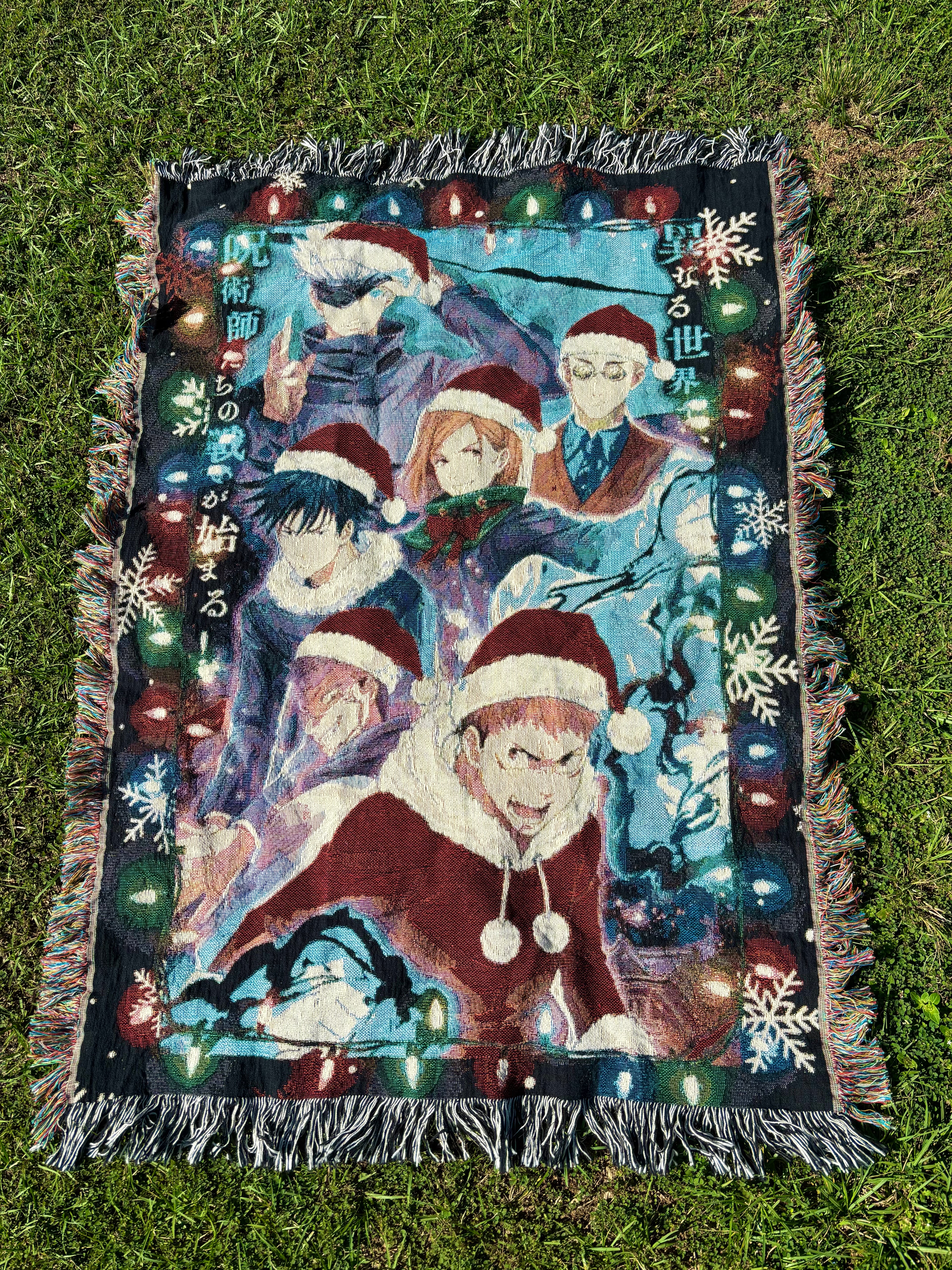 Holiday Anime Woven Blanket – Cozy Cotton Throw with Fringe
