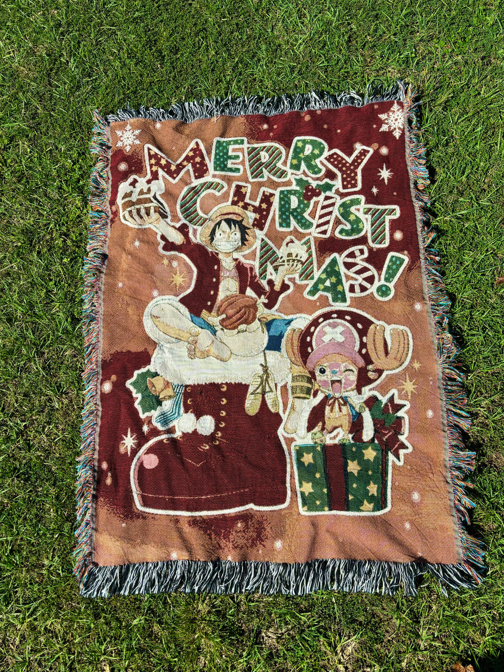 Holiday Anime Woven Blanket – Cozy Cotton Throw with Fringe