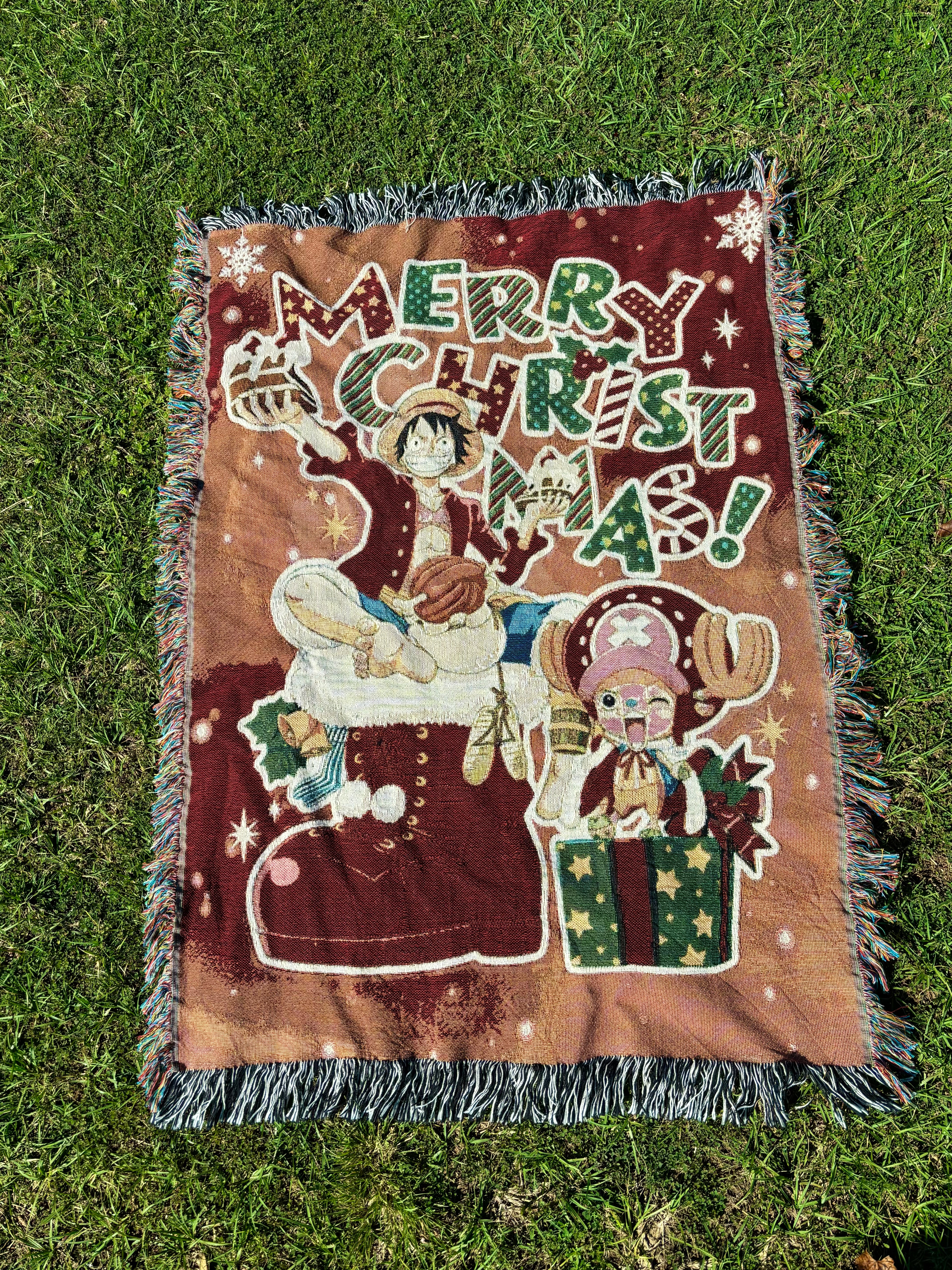 Holiday Anime Woven Blanket – Cozy Cotton Throw with Fringe