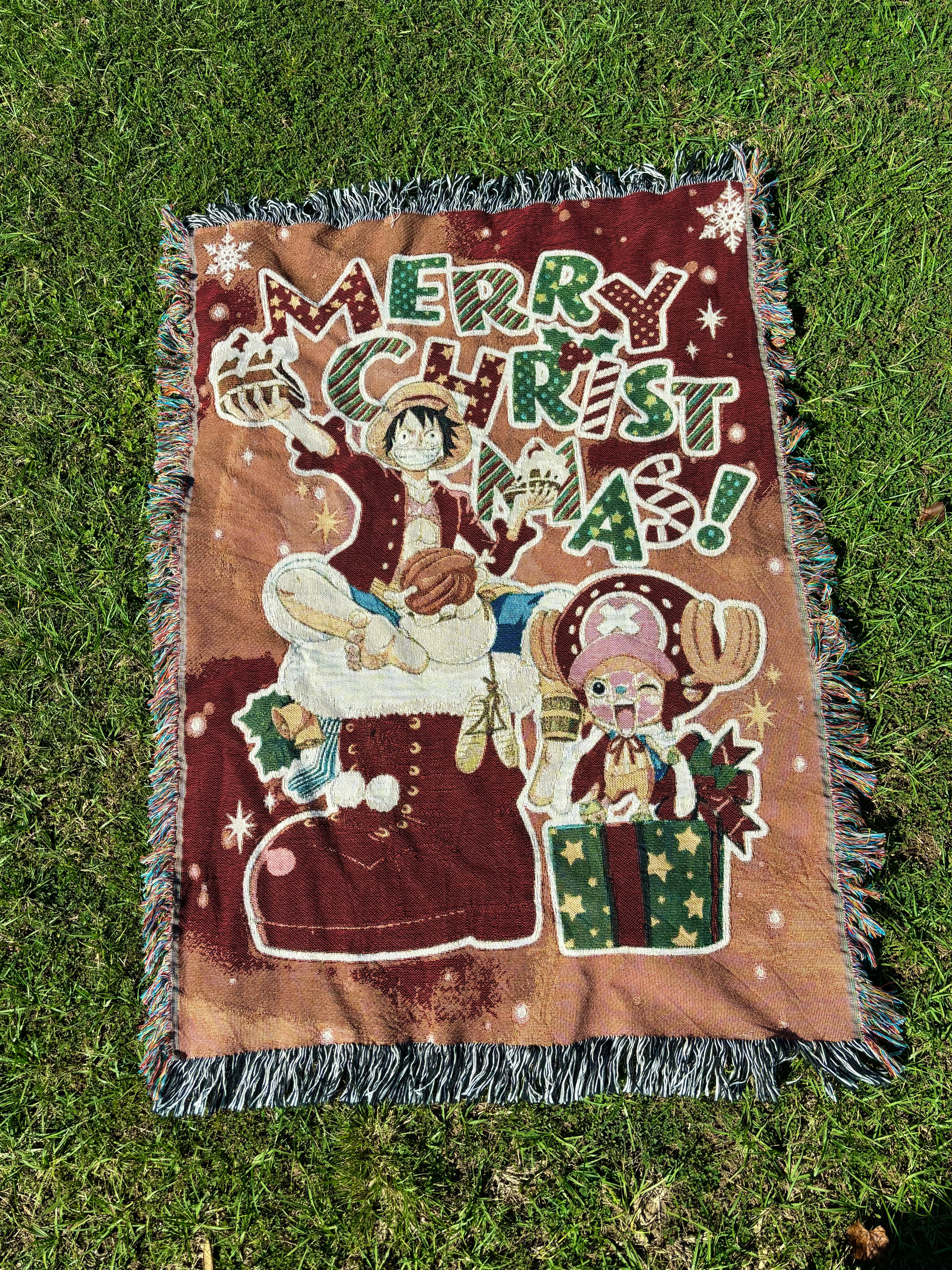 Holiday Anime Woven Blanket – Cozy Cotton Throw with Fringe